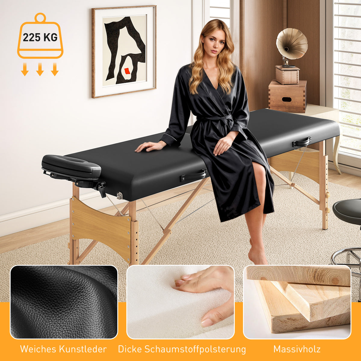 Height-adjustable massage table, wooden frame, foldable massage bed, foam padding, black (7)