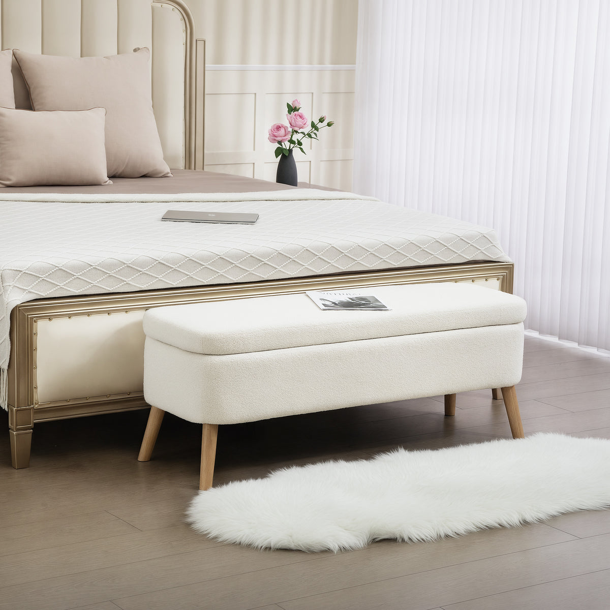 Storage bench, bench with 65 L storage space, teddy fleece fabric, rubberwood, 120 x 42 x 45 cm, cream white (2)