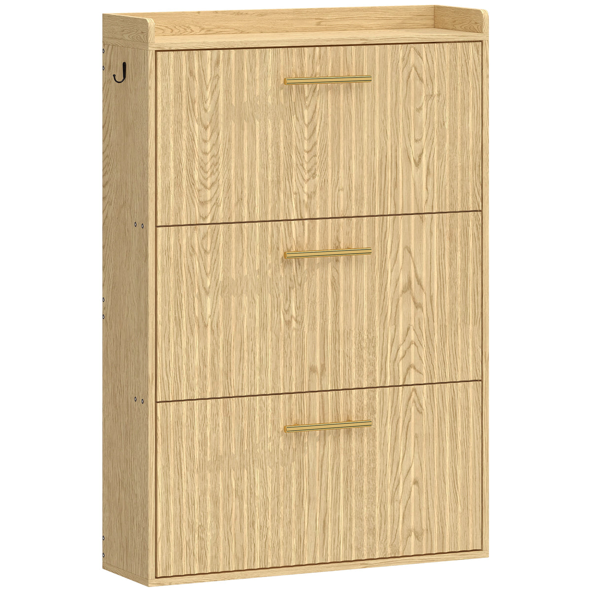 Narrow shoe cabinet with tilt-out design and 3 compartments, light brown