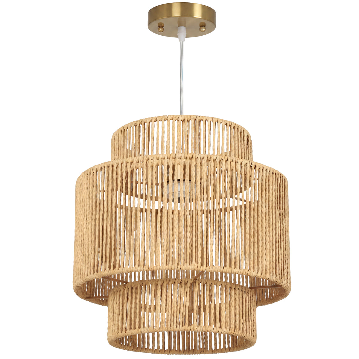 Pendant lamp, 3-tier lampshade, metal, hemp rope, light brown