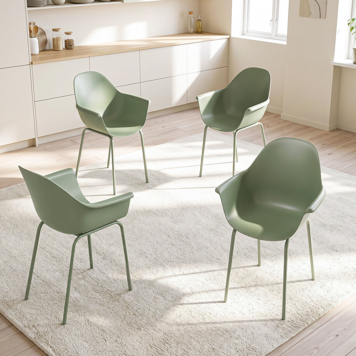Garden chair set of 4, with backrest/armrests, weather-resistant, up to 120 kg, plastic/metal, green (2)