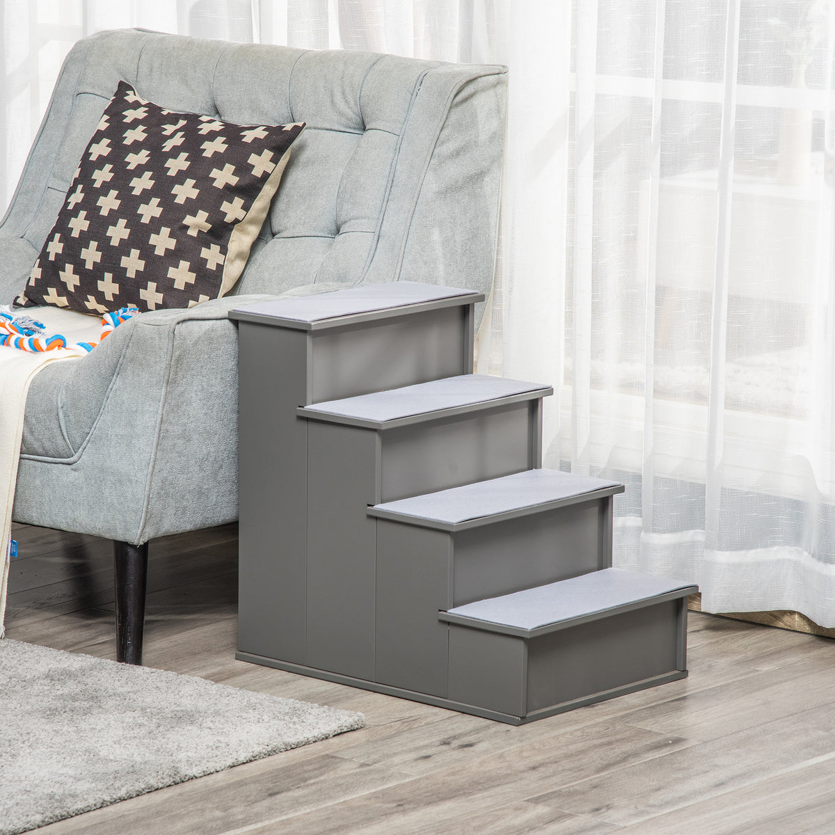 Pet stairs, for dogs/cats, 4-step, short plush, up to 30 kg, 40 x 59 x 54.2 cm, grey (2)