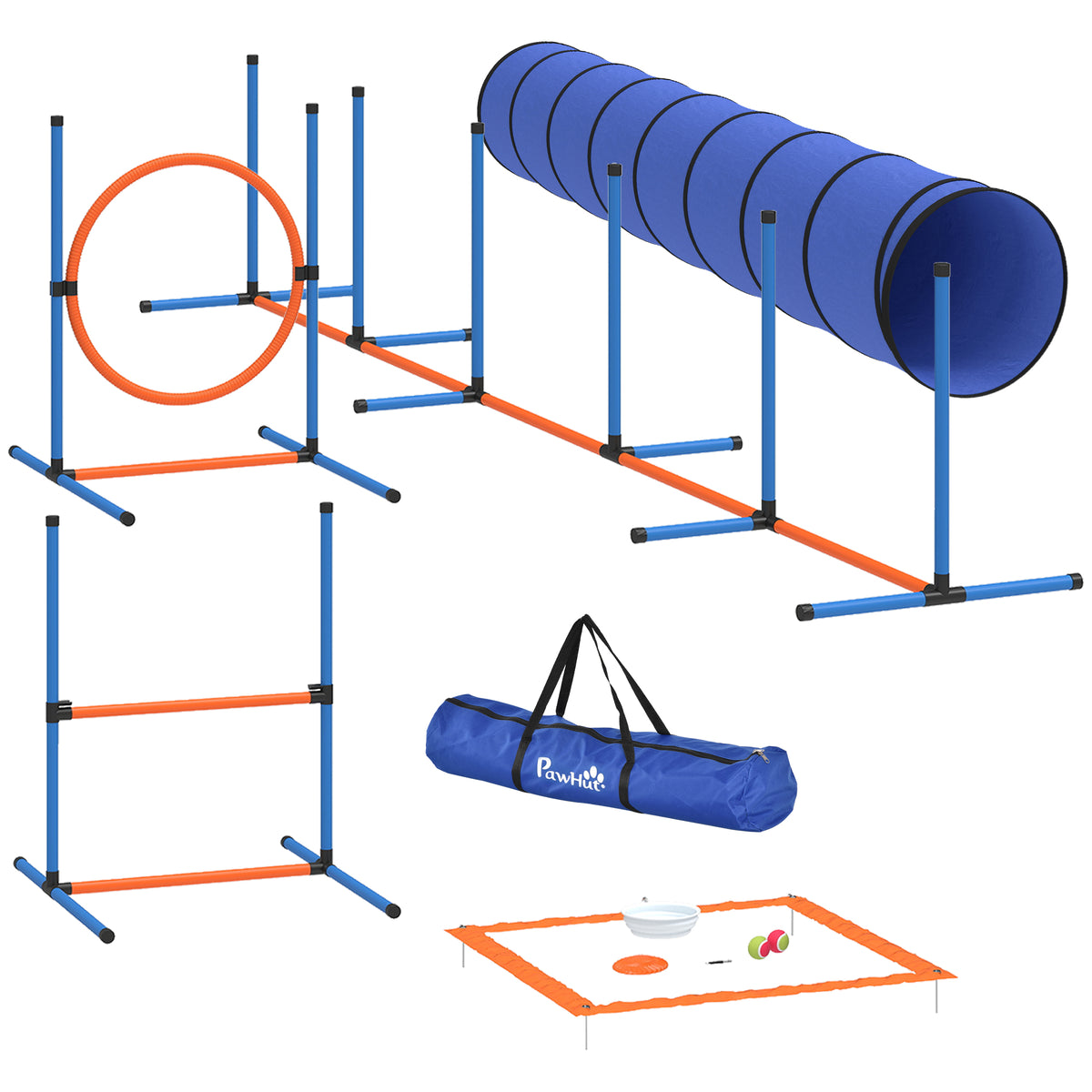 Dog agility training set, 8-piece set including tunnel, weave poles, adjustable hurdles, jump ring, bowl