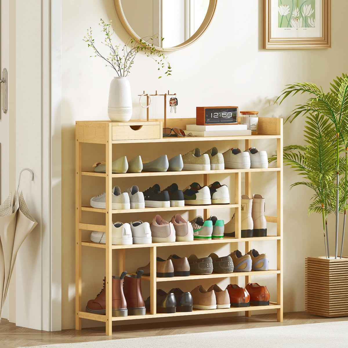 Shoe rack, 6-tier shoe stand, bamboo with drawer, for max. 18 pairs of shoes, shoe storage for hallway, bedroom (2)