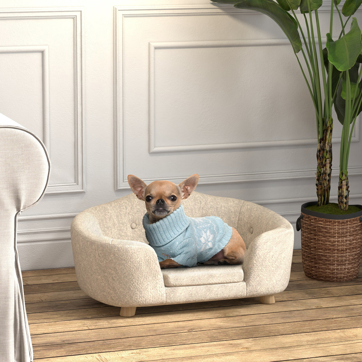 Pet sofa dog mat dog bed dog sofa dog couch cat sofa with cushion back pocket plush foam pine wood cream white (2)