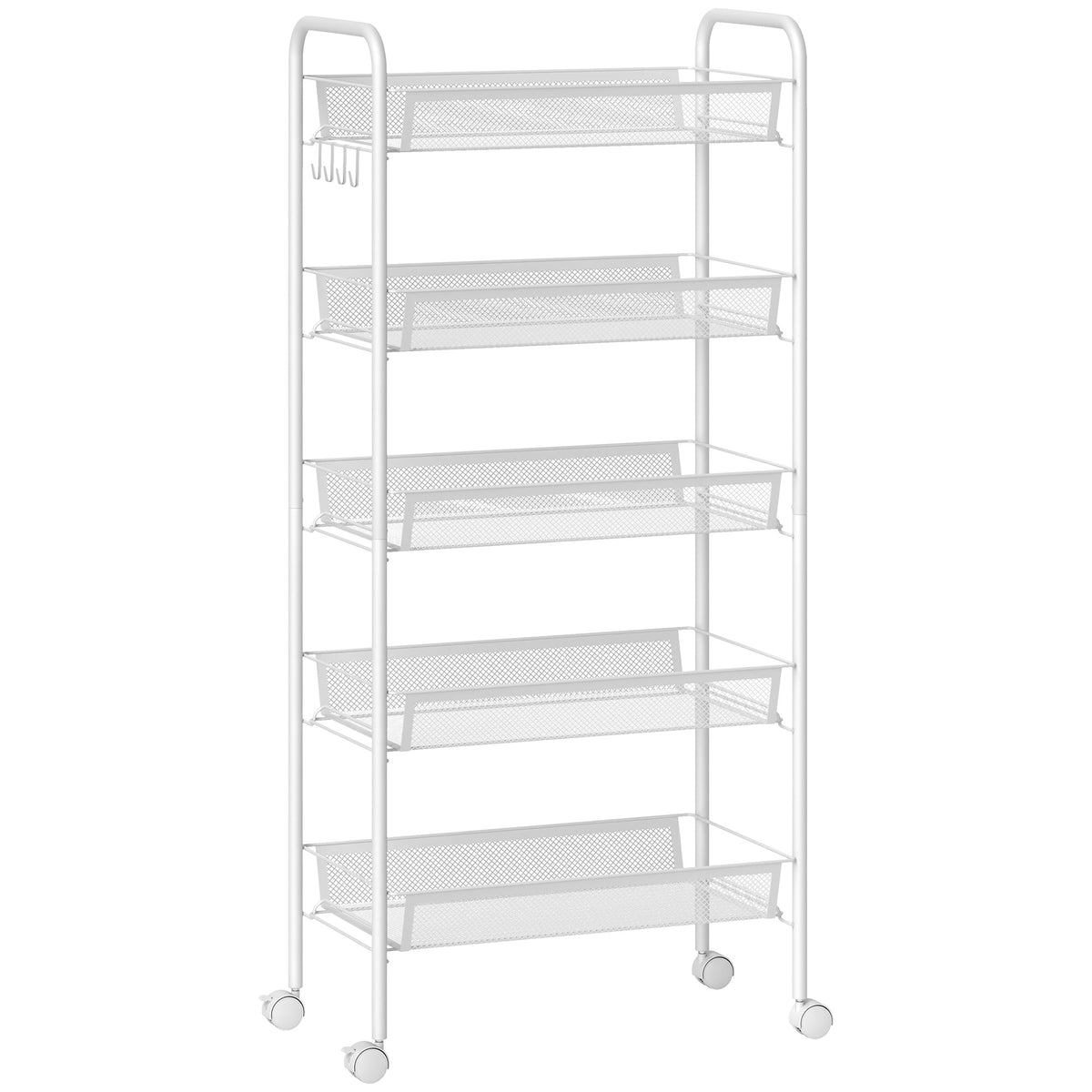 Kitchen trolley with 5 wire baskets, 4 hooks, 4 casters, 2 handles, steel/plastic, 45x26.5x106 cm, white
