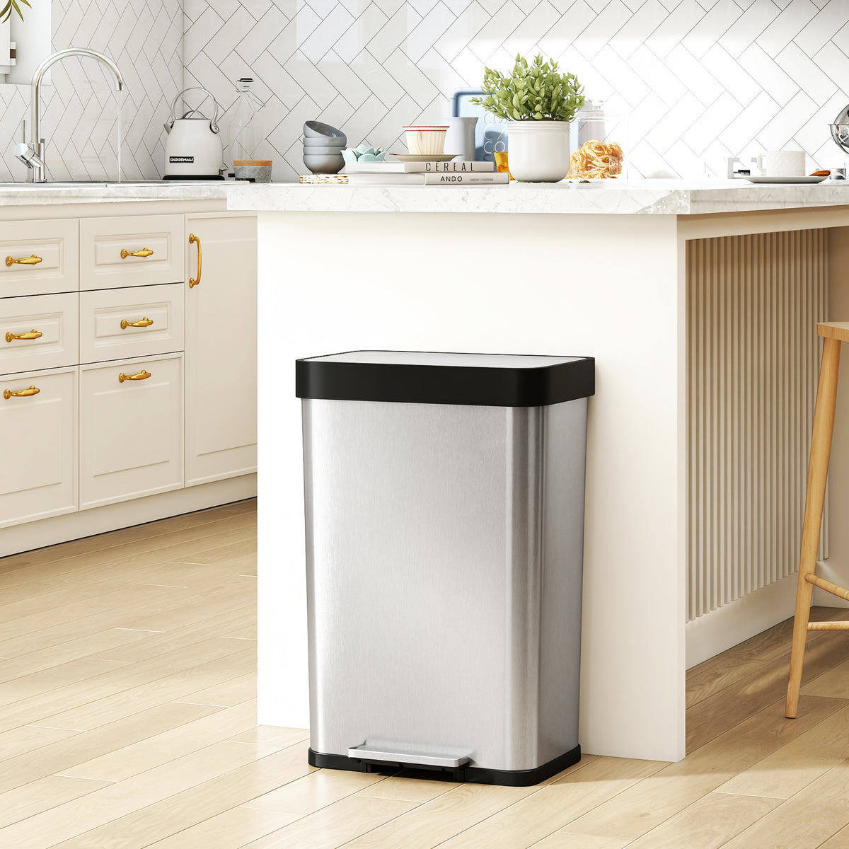 60 L Trash Can with Foot Pedal, Stainless Steel Waste Bin with Soft-Close Lid, Silver (2)