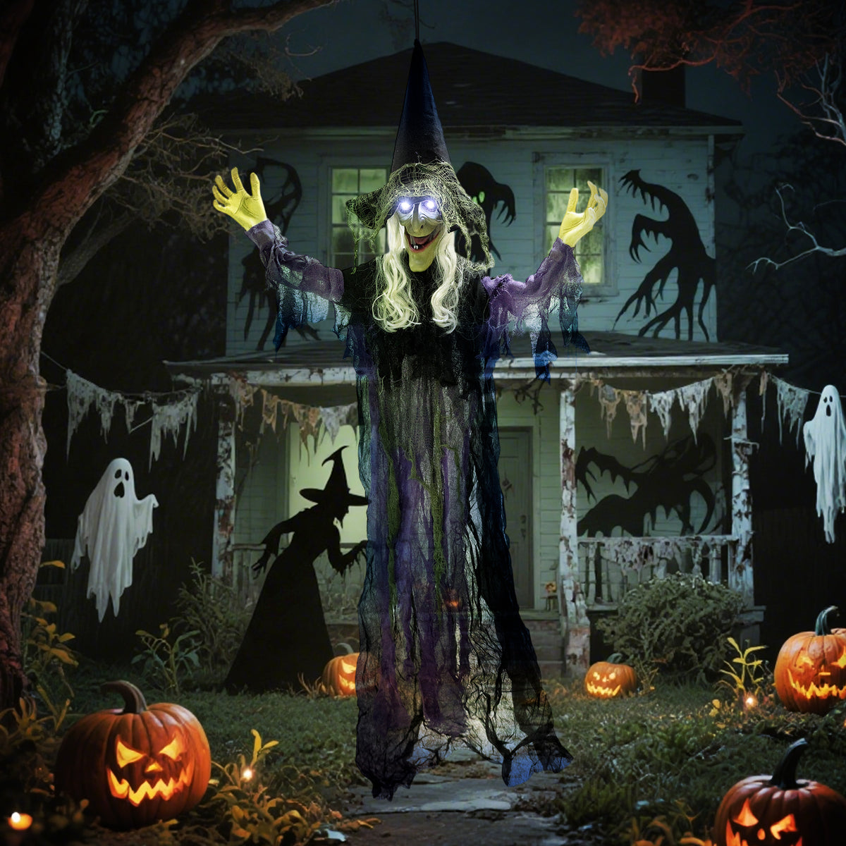183cm Halloween Decoration Hanging Halloween Witch with LED Lights, Sound Function, Adjustable Arms, Mouth (2)