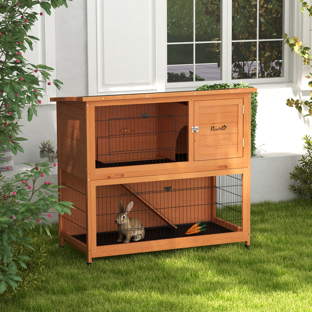 Small animal hutch, small animal house, rodent cage, weather-resistant, 2 floor trays, 123 x 63 x 112 cm, orange (2)
