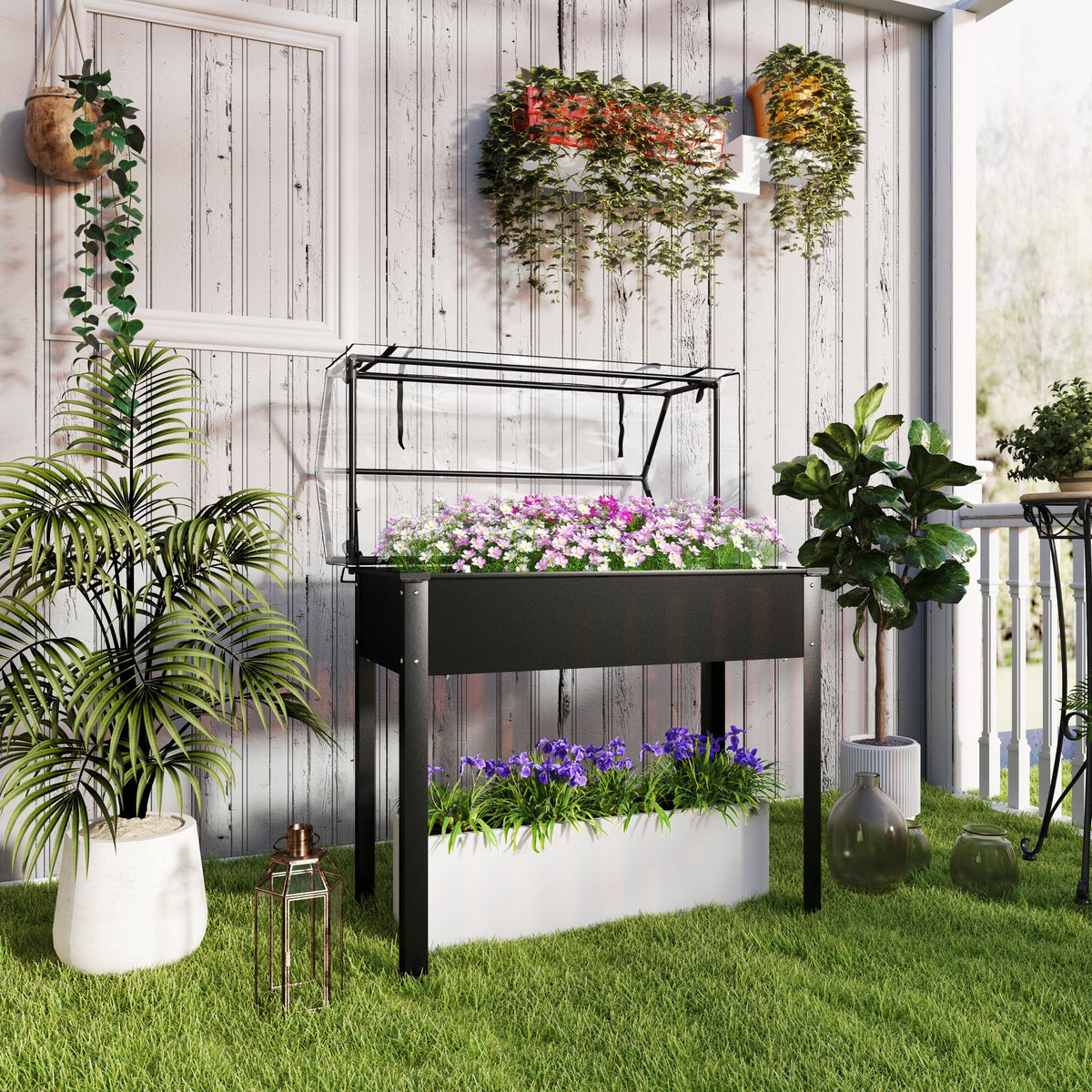 Raised garden bed with greenhouse roof, elevated planter box with drainage holes, 100 x 48 x 124 cm, black (2)