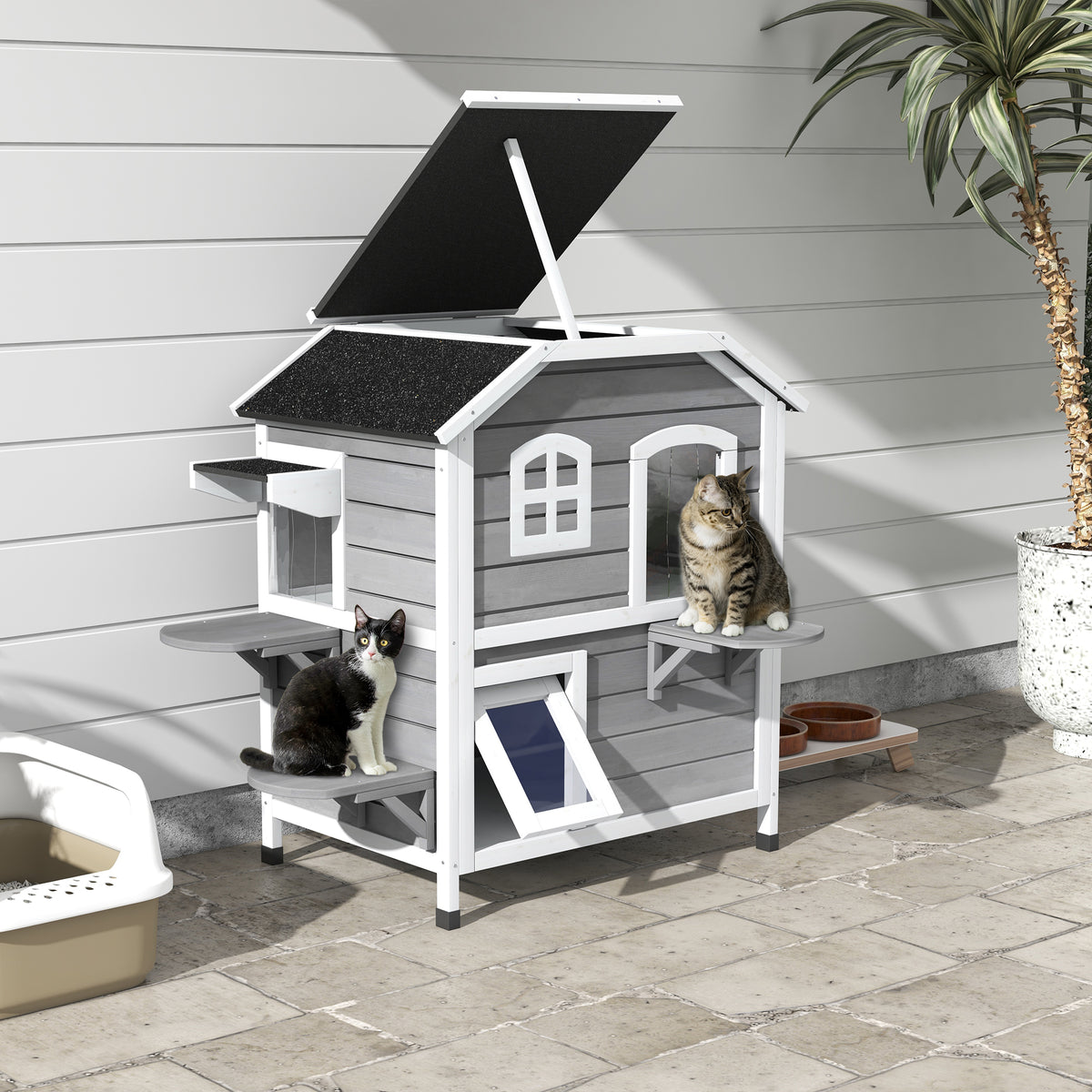 Wooden Cat House 2-Story Winterproof Waterproof Cat Hut with Asphalt Roof Foldable Lid Stairs Cat Cave Outdoor (2)