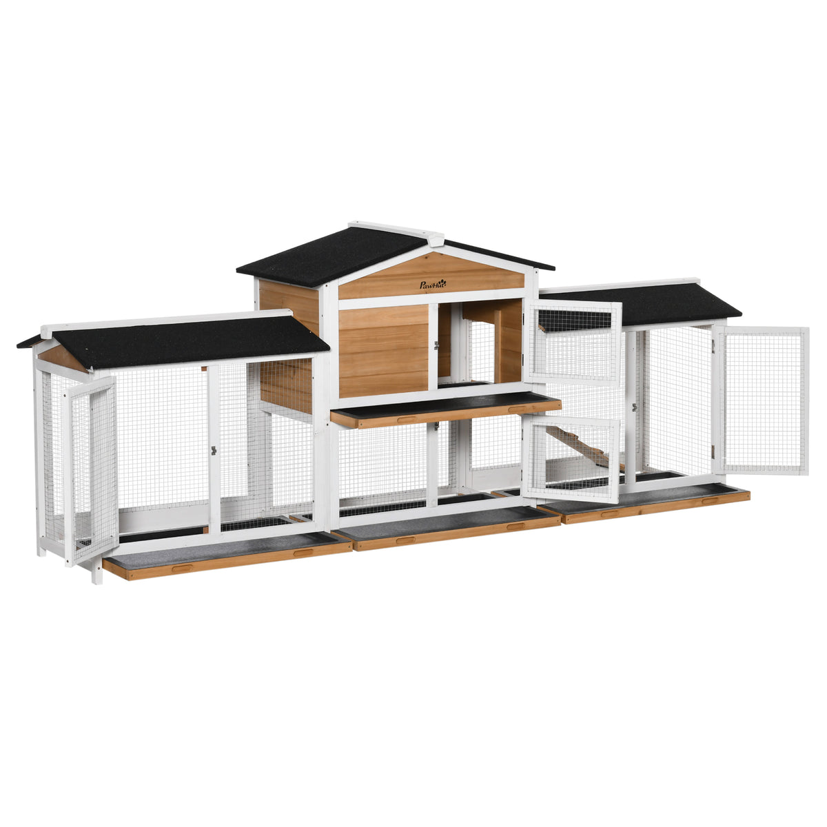 Small animal hutch with outdoor run incl. ramp, asphalt roof, fir wood, black + white + natural
