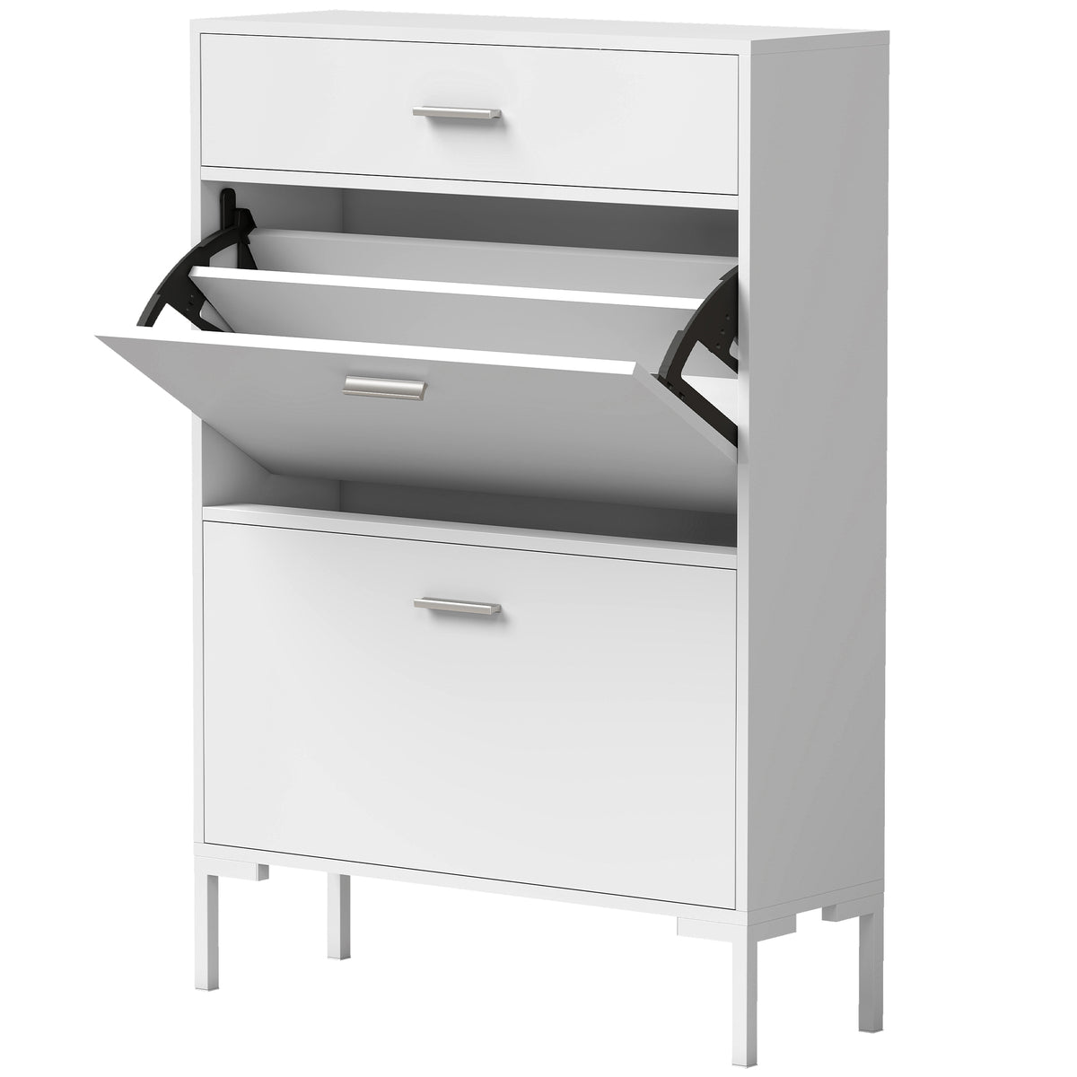 Modern shoe cabinet for up to 12 pairs of shoes with 2 drop-down doors, drawer and adjustable shelf, white