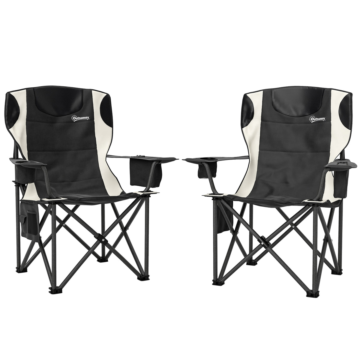 Set of 2 foldable camping chairs with armrests, cup holder, headrest, and cooler bag, black