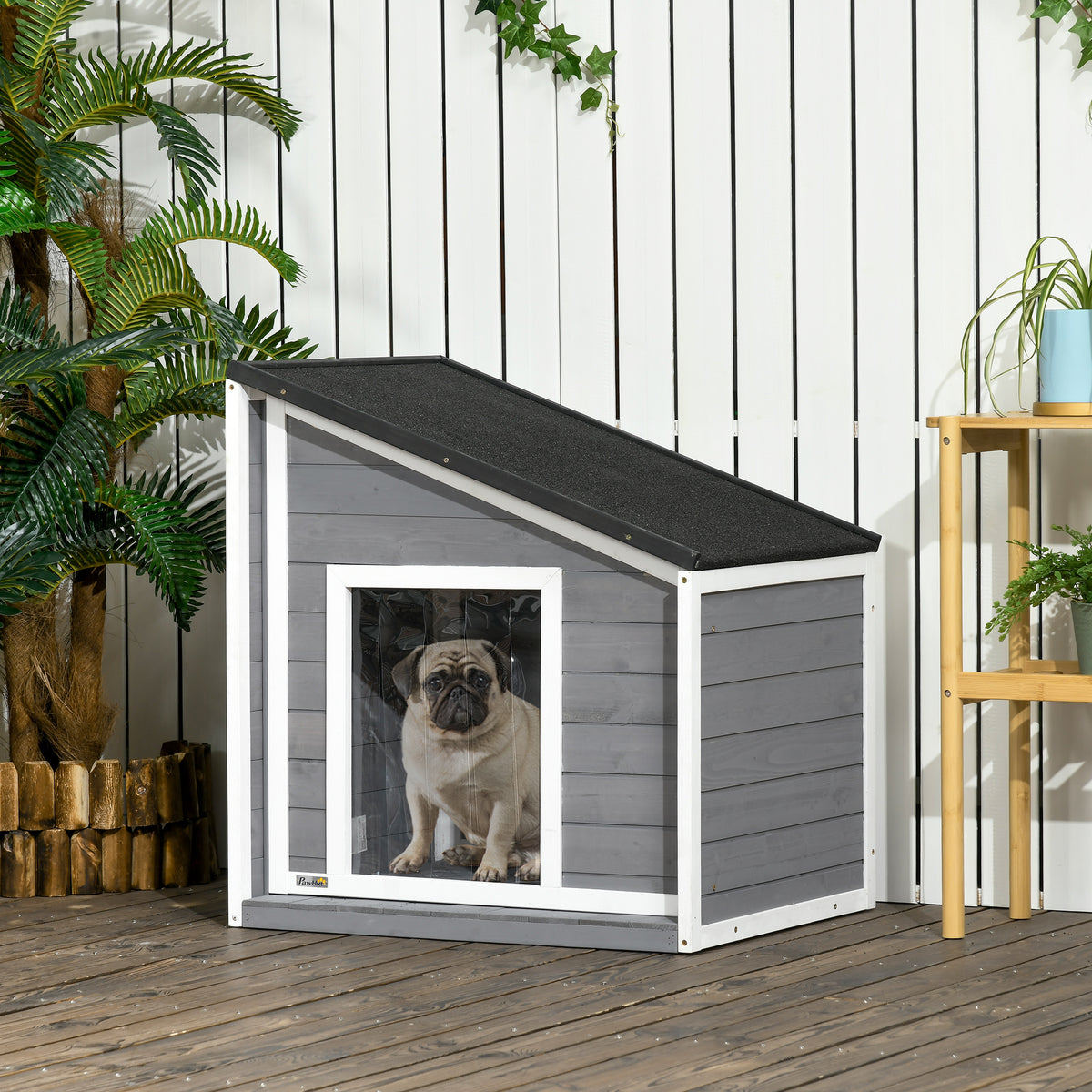 Solid wood dog house, weather-resistant, asphalt roof, 71 cm x 58 cm x 77 cm, grey + white (2)