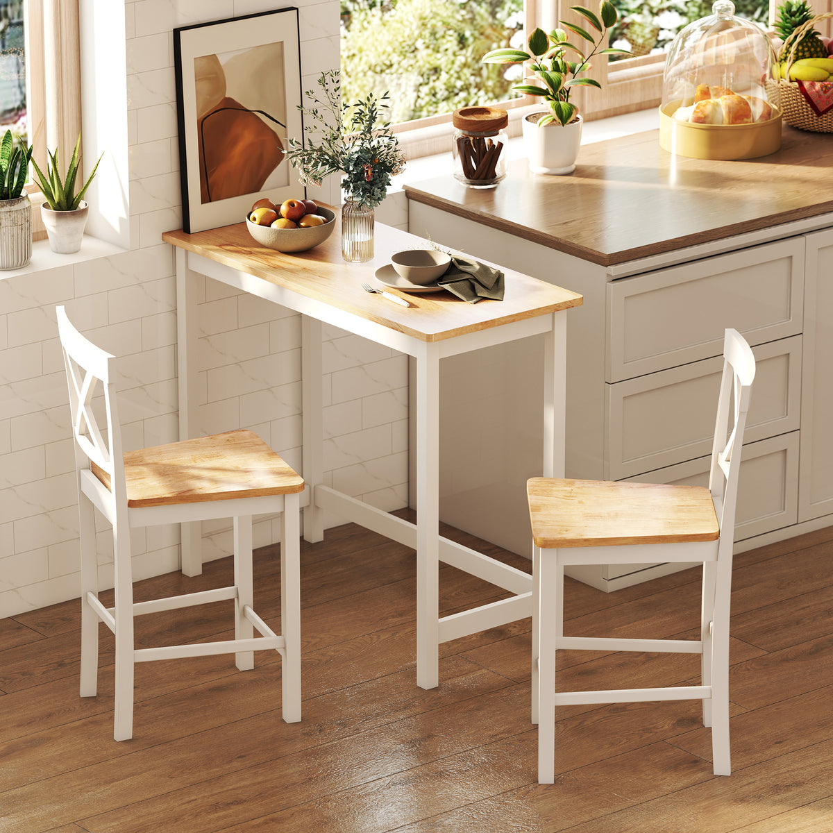Bar table, oak look, compact, space for 2 people, natural wood + white (2)