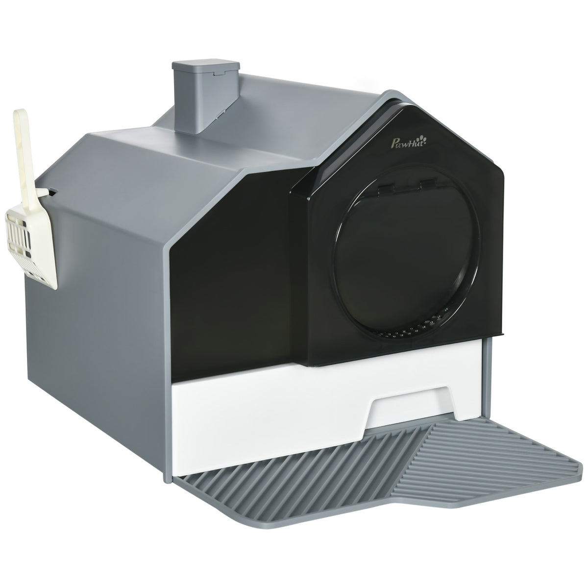 Cat litter box in a cute design, 1 litter mat, 1 litter scoop, removable base tray, gray