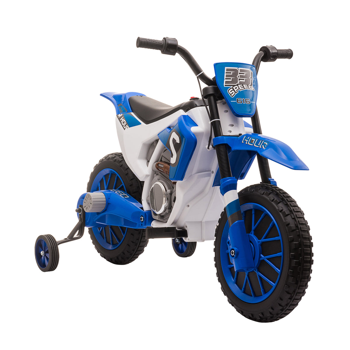 Kids' motorcycle, electric motorcycle, 45 min ride time, with training wheels, from 3 years, blue+white, 106.5 x