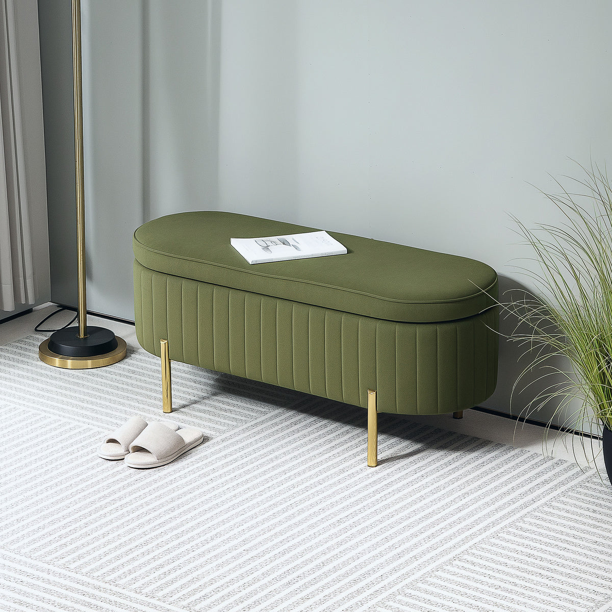 Bench with hinged lid and storage space, fabric cover, wood, metal, dark green+gold-colored (2)