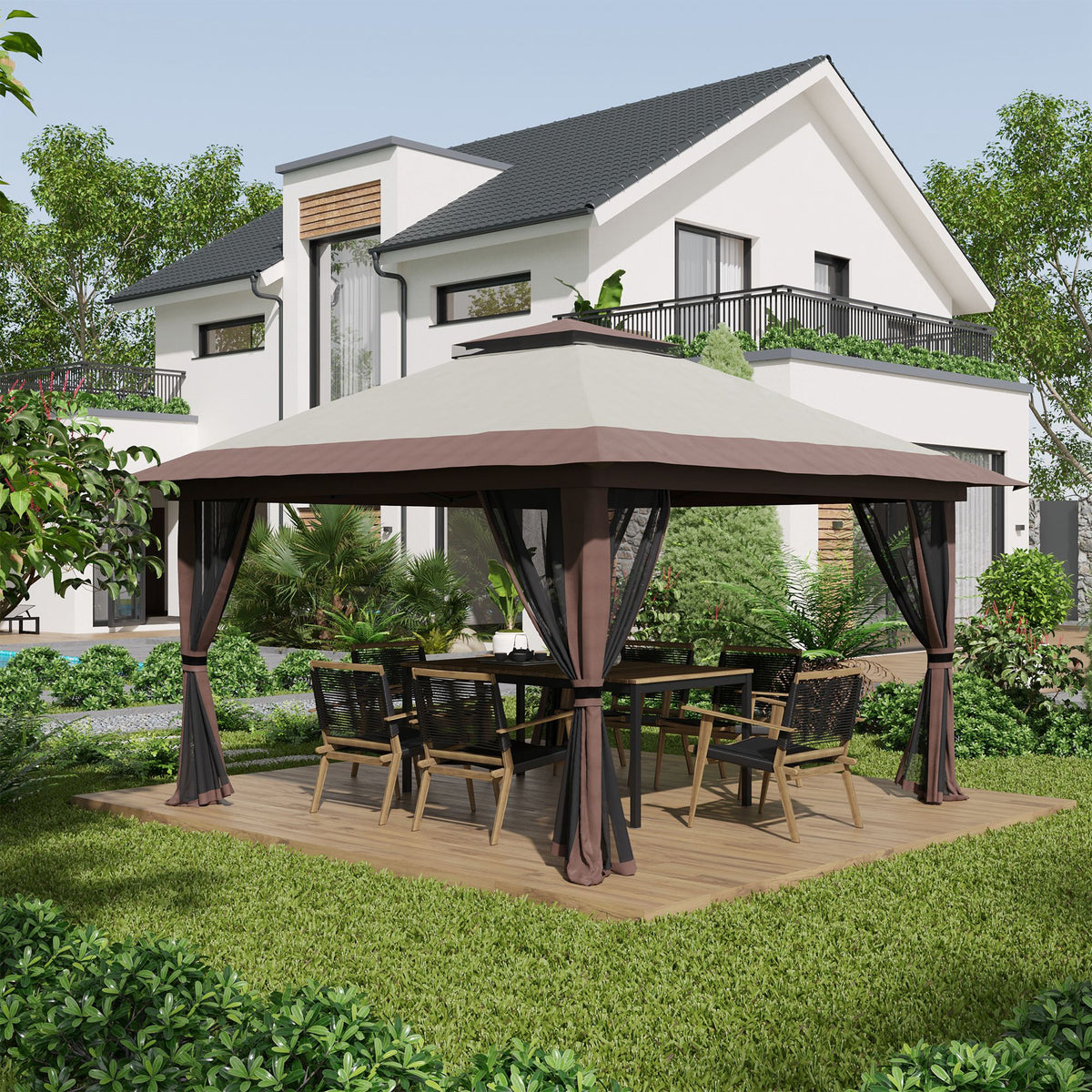 Folding gazebo, height-adjustable, 4 mesh walls, vented roof, carry bag, quick setup, 4 x 4 x 3 m, beige (2)