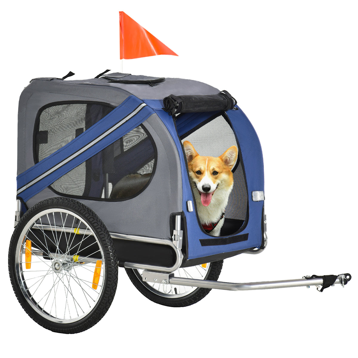 2-in-1 pet trailer bicycle trailer up to 20kg foldable rain cover safety flag reflectors steel grey+blue 130 x