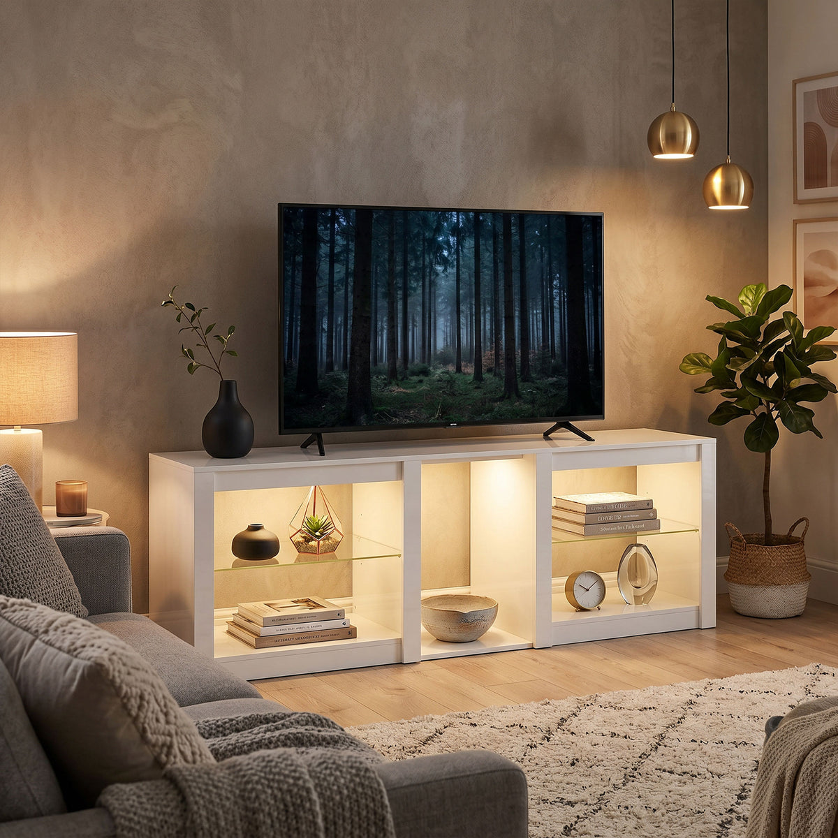 TV lowboard with RGB LED lighting, modern TV unit with adjustable glass shelves, for TVs up to 75 inches, white (2)