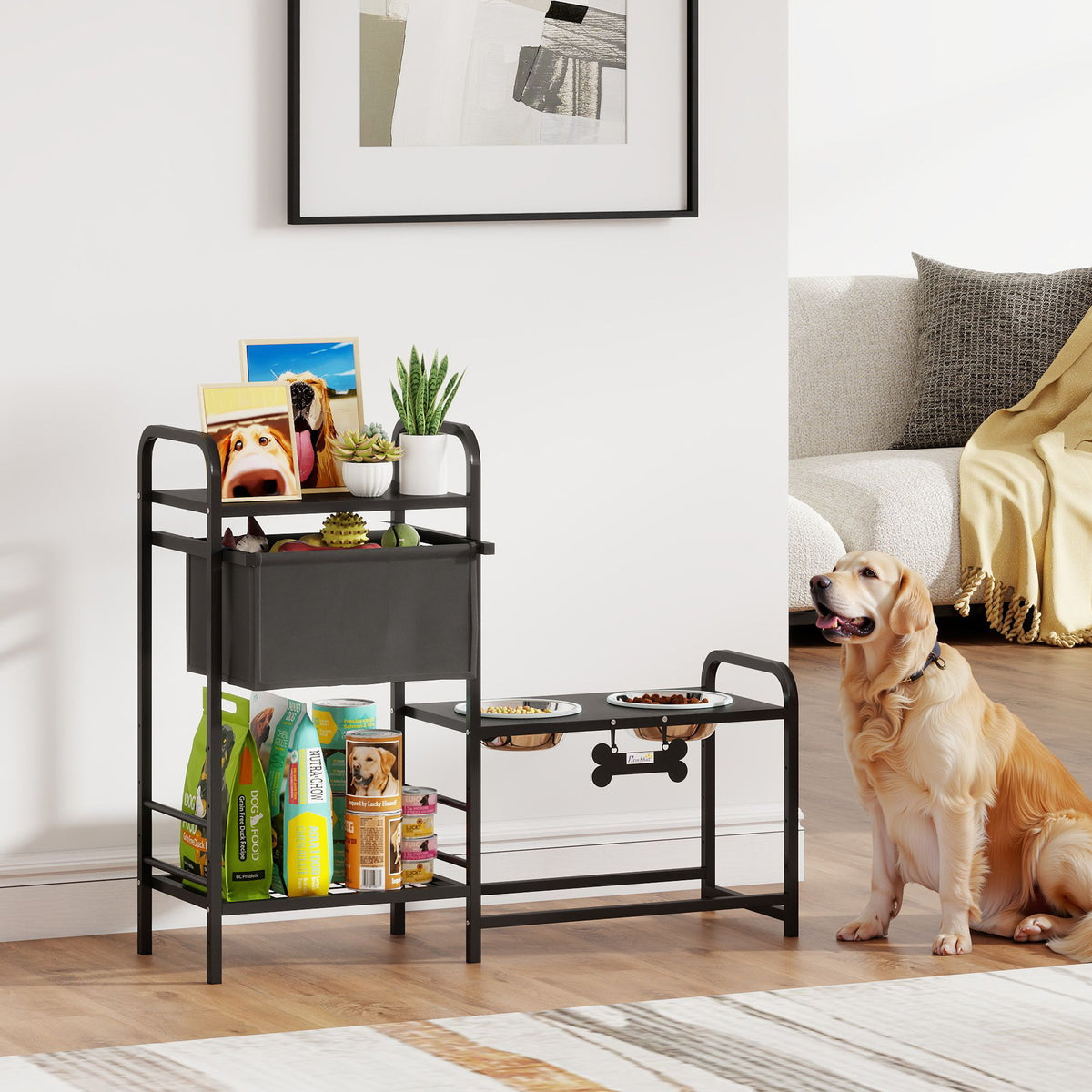 Height-Adjustable Elevated Dog Bowl Feeding Station with Storage, 2 x 800ml Stainless Steel Bowls, 89.5x27x74 cm (2)