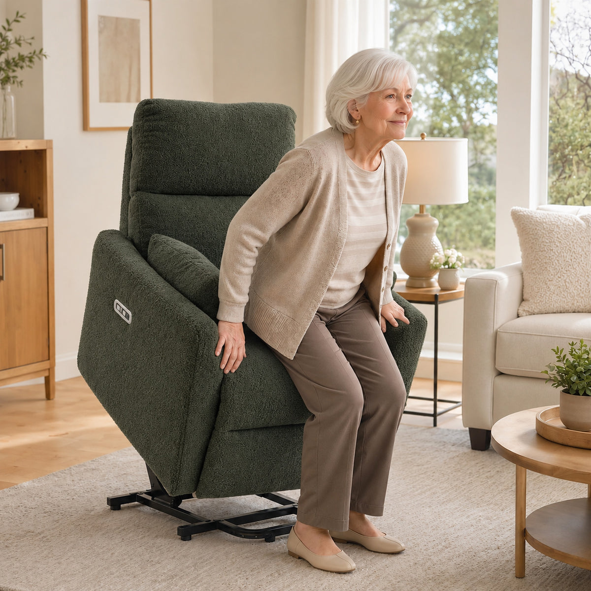 Lift chair with massage and heat, electric recliner made of teddy fleece for seniors, dark green (2)