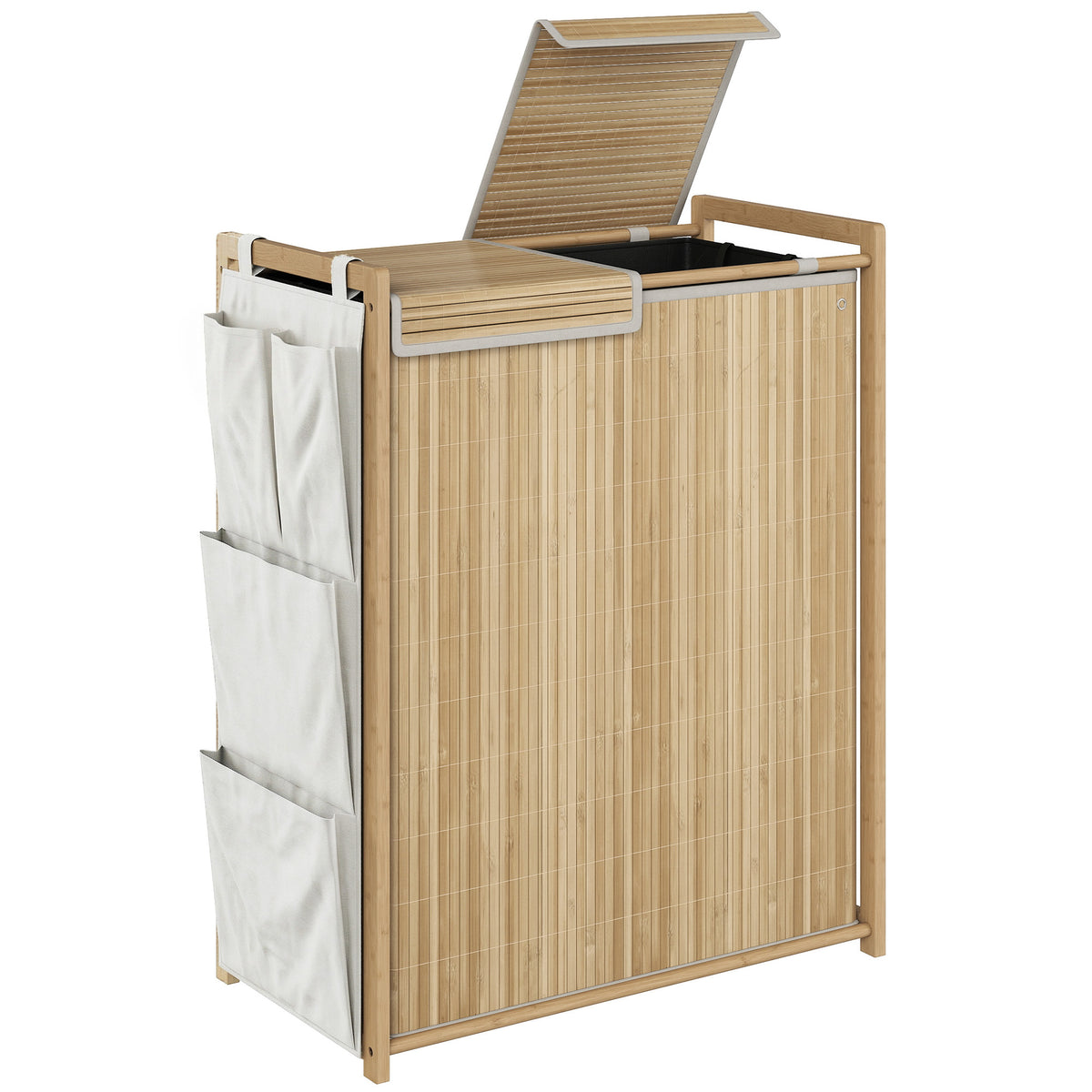 Bamboo laundry hamper with removable drawstring bag and side storage pockets, 120L, natural