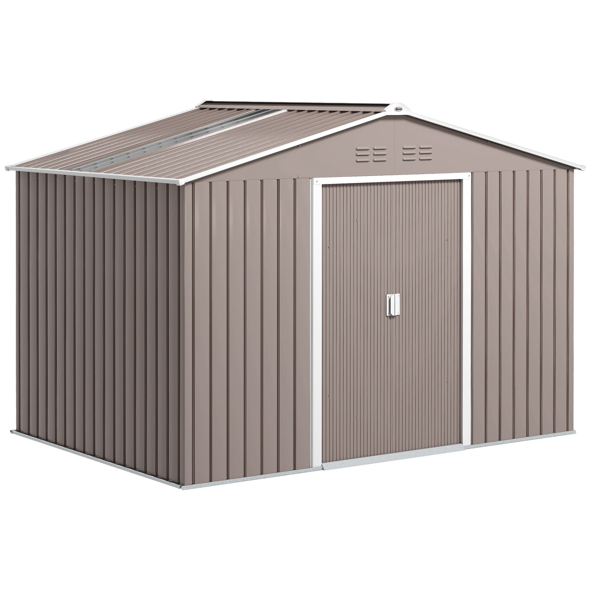 Metal garden shed with sliding doors and ventilation windows, 277 x 195 x 192 cm, light gray