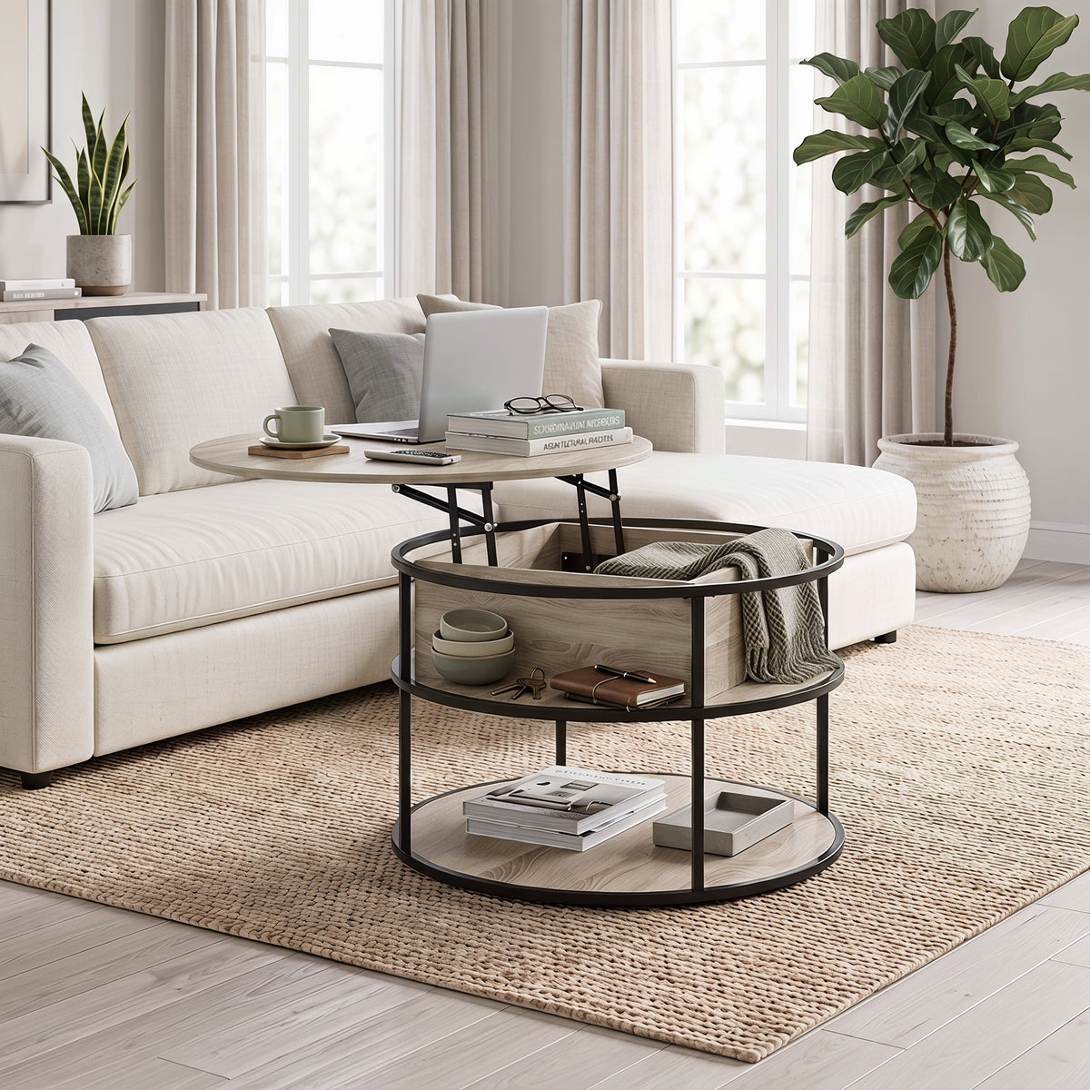 Round coffee table with lift-top, storage space, side shelves, steel frame, coffee table, oak (2)