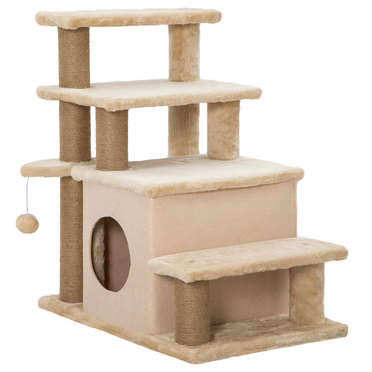 Pet stairs, scratching post, 4 steps, play ball, little house, height-adjustable, 60 x 40 x 66 cm, beige
