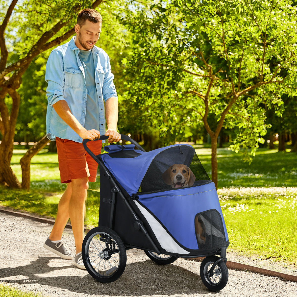 Dog stroller, foldable, collapsible, cushion included, steel frame, blue/black (2)