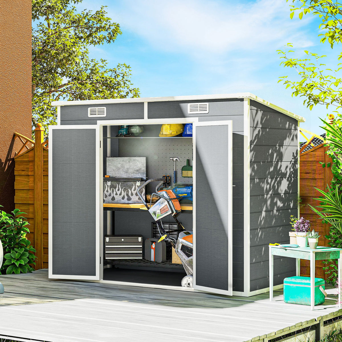 2.4 x 1.3 m garden shed, plastic garden house with floor, window, lockable doors, for garden, patio, grey (2)