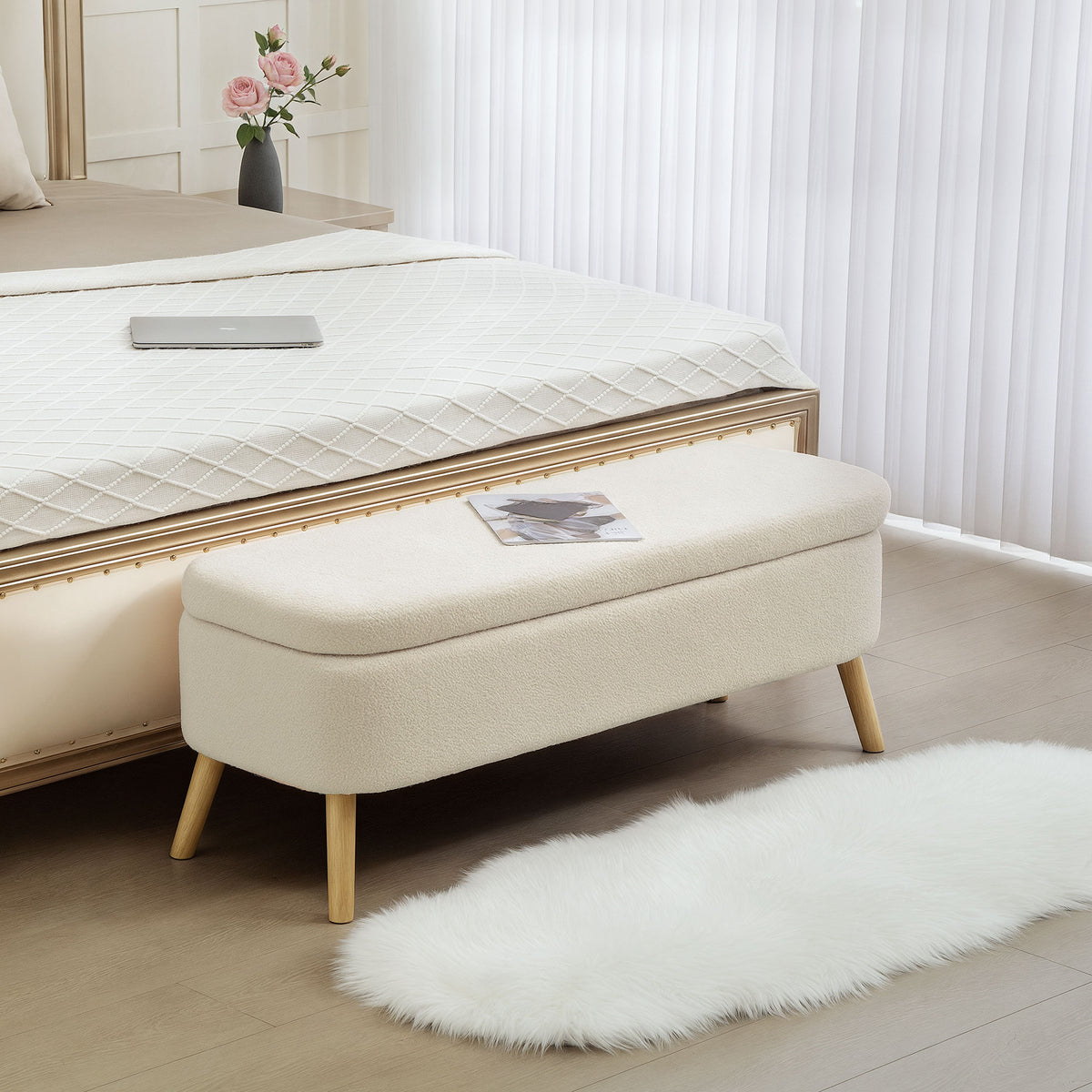 Storage bench, bench with 65 L storage space, teddy fleece fabric, rubberwood, 120 x 42 x 45 cm, beige (2)