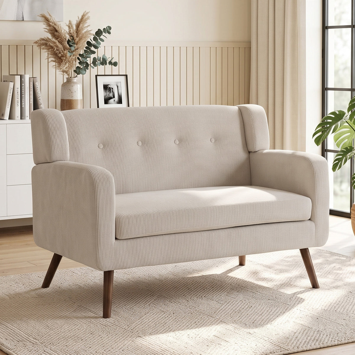 2-seater 118 cm corduroy-look sofa with button tufting, comfortable modern upholstered couch with wooden legs (2)