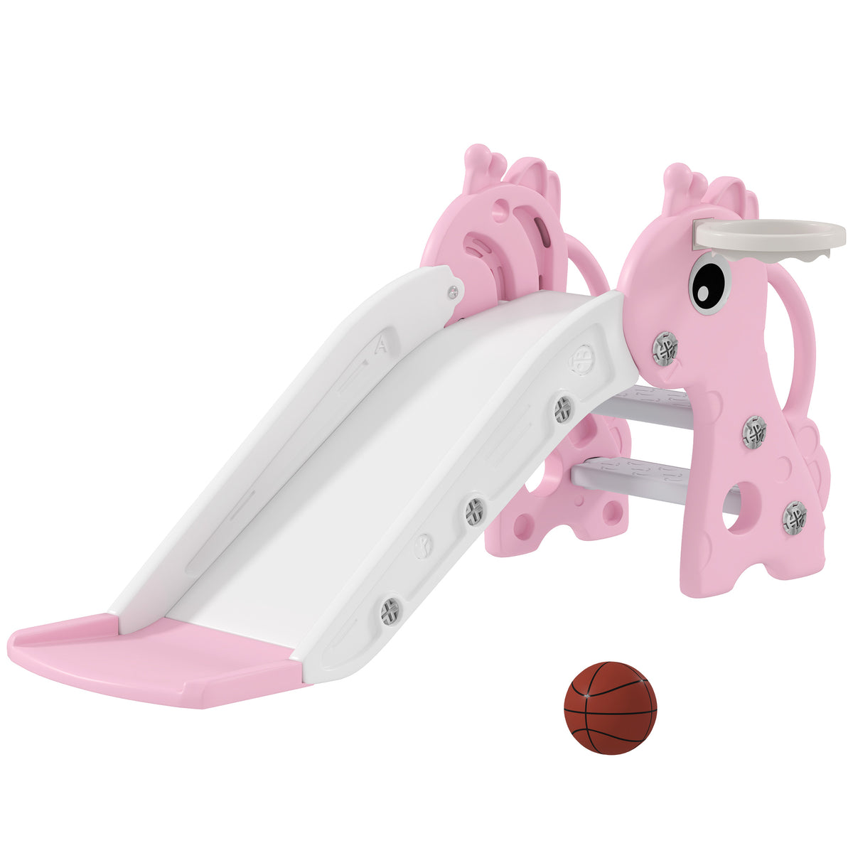 3-in-1 children's slide, giraffe design, basketball hoop, ball, pink