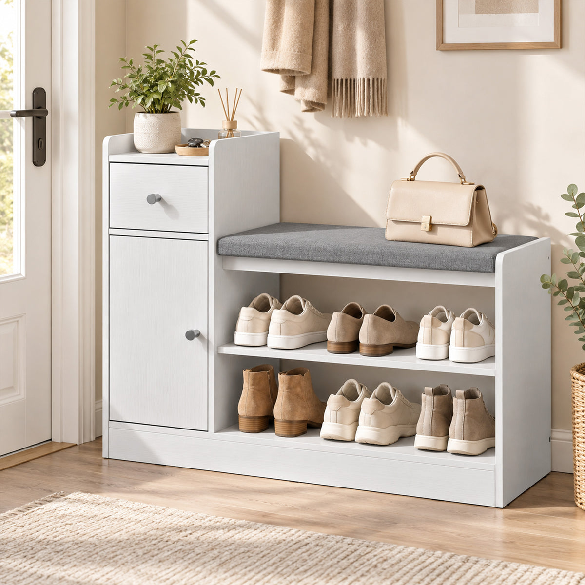 Shoe bench with seat cushion, drawer and open shelves, hallway bench 90x29.8x67.8cm white (2)