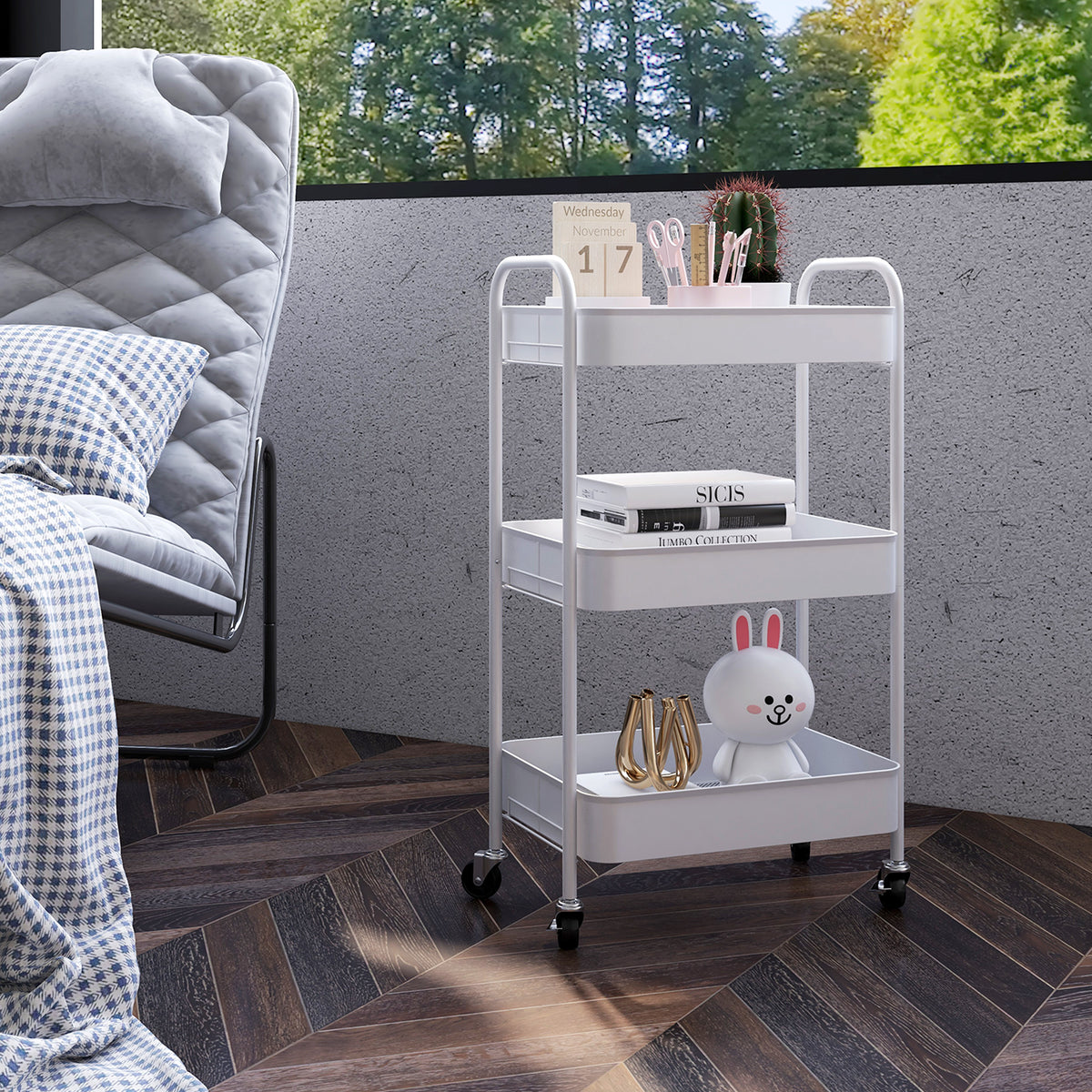 Multipurpose trolley, rolling cart, kitchen cart, 3 shelves, 4 wheels, 45 cm x 30.6 cm x 79 cm, white (2)