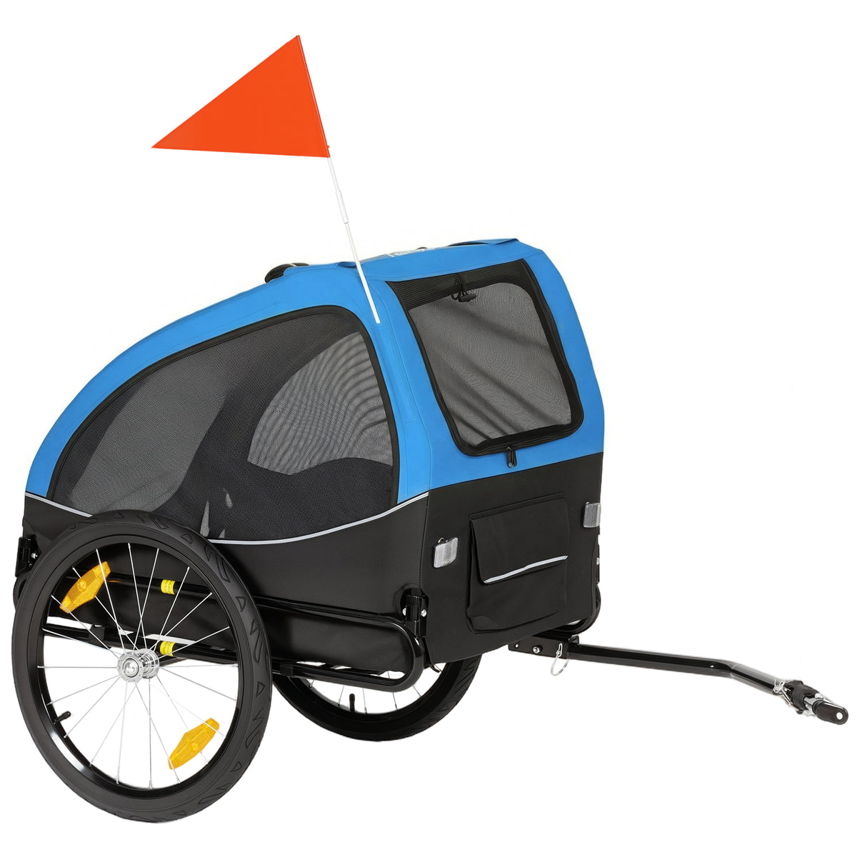 Foldable dog trailer with reflectors, mesh windows, wheels, door, and safety flag for dogs up to 20 kg