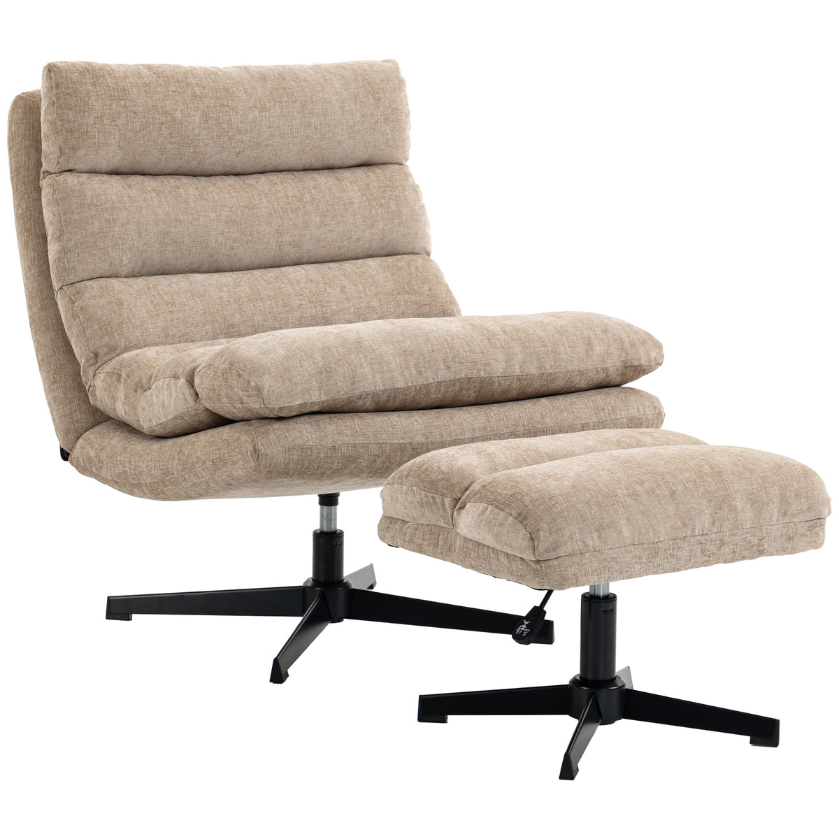 Lounge chair with ottoman, swivel chenille armchair with height-adjustable footstool, thick padding and wide