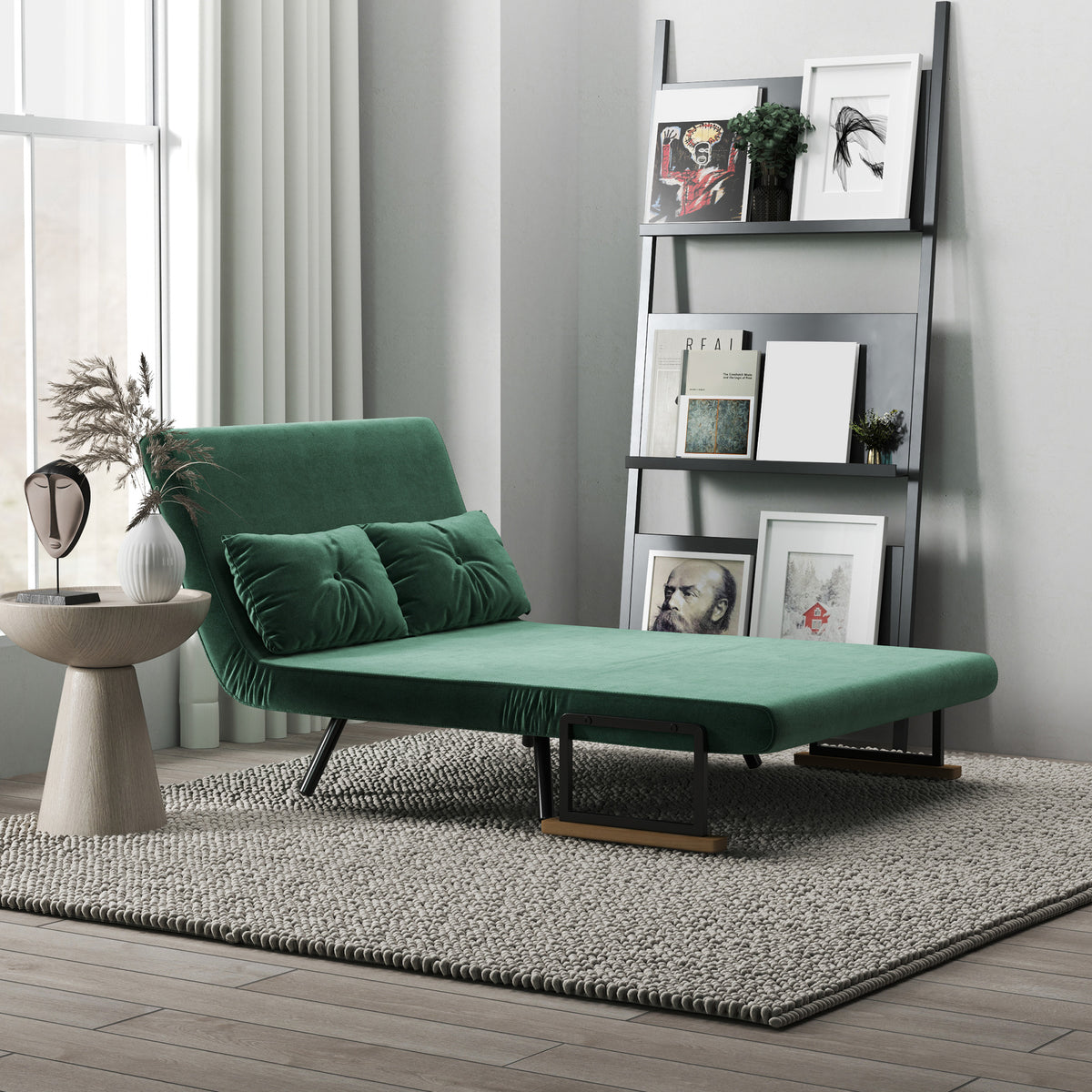 Sofa bed, 2-seater sofa, velvet sofa, sleeping function, incl. 2 cushions, velvet look, nature + green (8)
