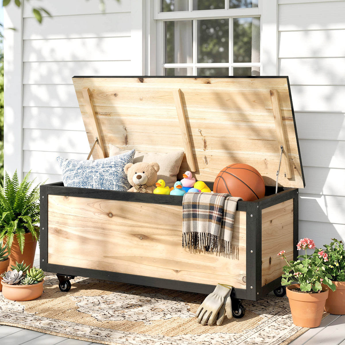 Garden storage box, 121 liters, 2 wheels, weatherproof, metal hinges, natural wood, 100x50x43 cm (2)
