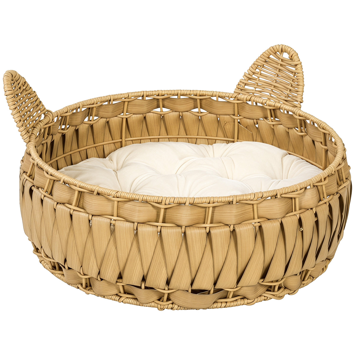 Rattan cat bed cat cave with removable cushion, wicker basket for cats up to 10 kg, 50 x 50 x 25 cm, light brown