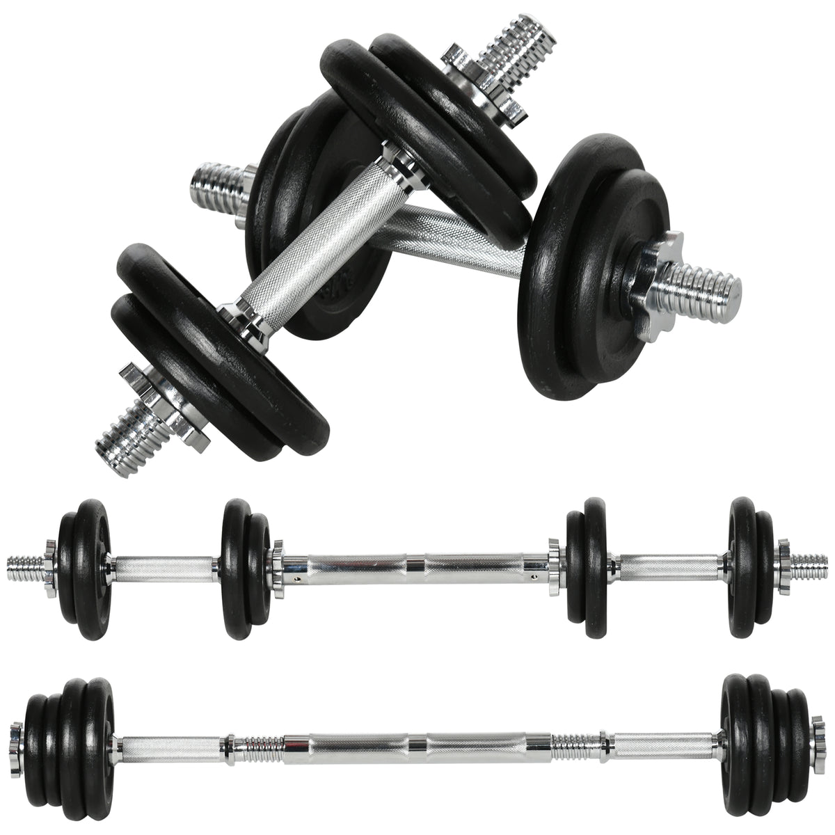 Dumbbell, barbell, 2-in-1, 20 kg, 8 weight plates, rustproof, iron, black, 95 x 16 x 16 cm