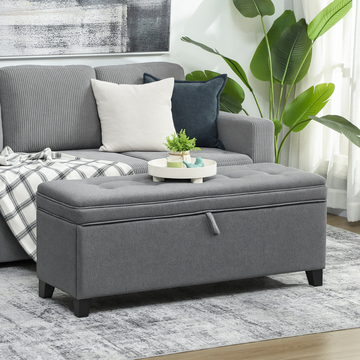 Storage bench, upholstered bench 120x40x48 cm with safety hinges, linen look, dark gray (2)