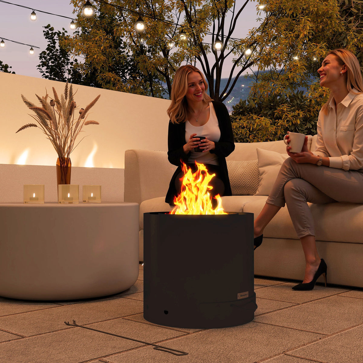 Fire pit Ø45x42cm stainless steel fireplace with poker and ash tray black (2)