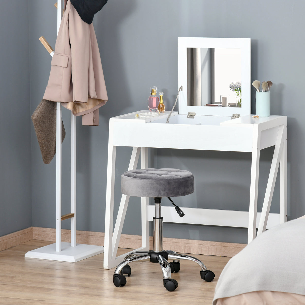 Salon chair with wheels, rolling stool, height-adjustable, swivel, salon stool, velvet-touch, foam, chrome base (2)
