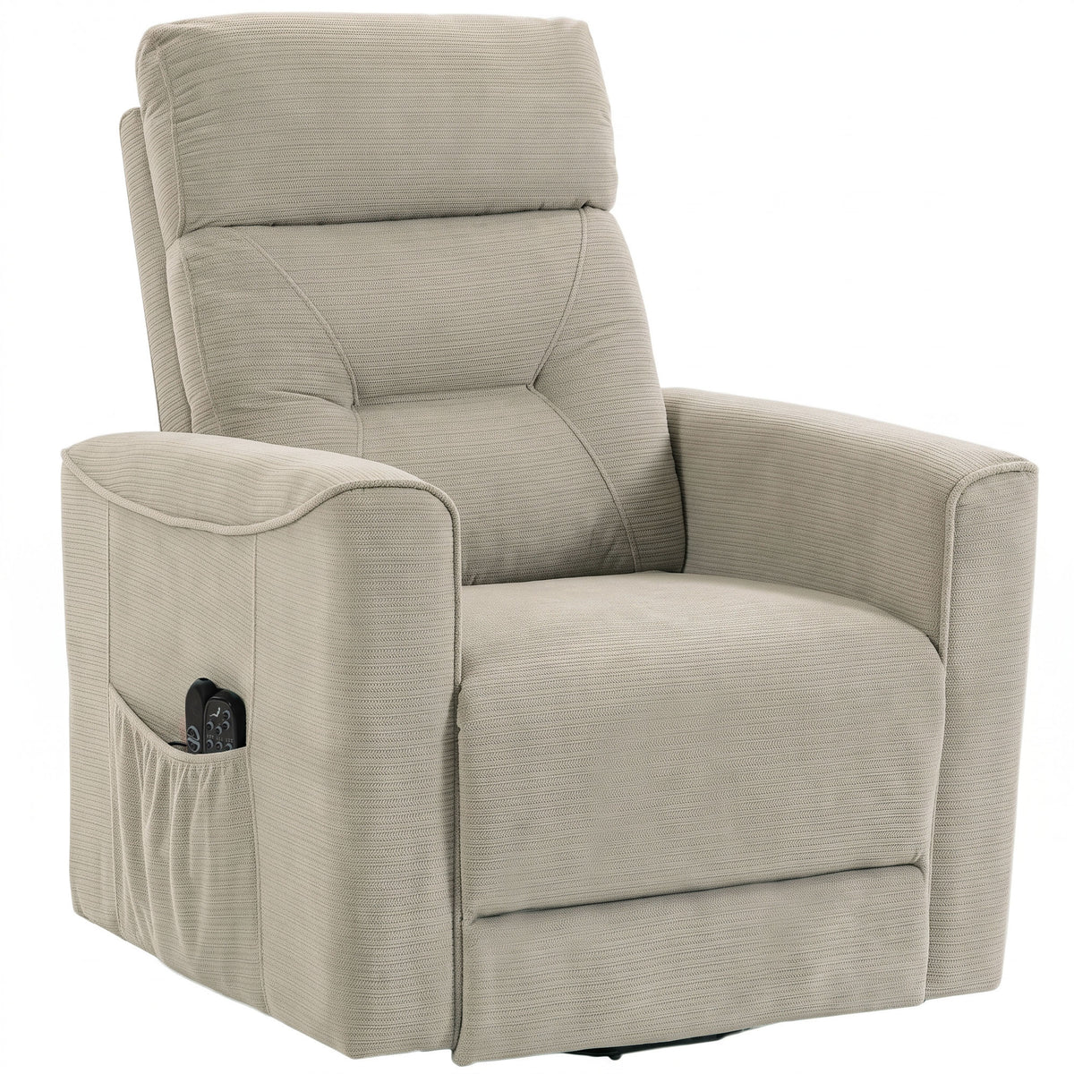 Recliner with electric lift assistance, massage & heat, chenille armchair with pocket spring core, greige
