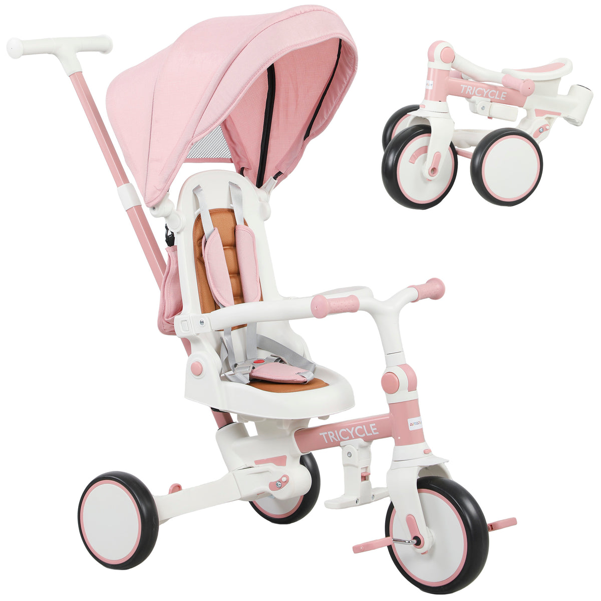 Children's tricycle, convertible baby stroller, 5-in-1 design, removable push handle, adjustable, safety belt